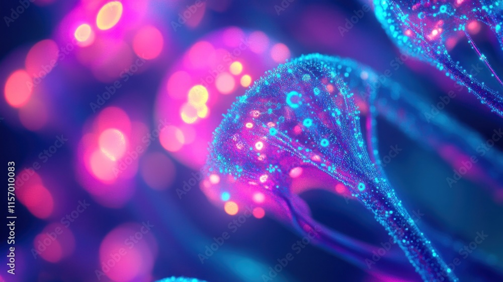 Aufkleber Abstract glowing neon structures resembling bioluminescent plants or microscopic organisms.
