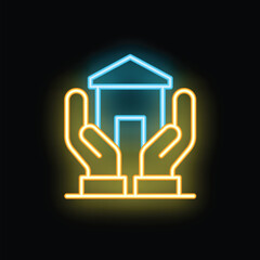 Glowing neon icon of two hands holding a small house, symbolizing home security