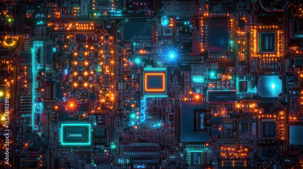 Poster close-up of a complex circuit board with glowing components.