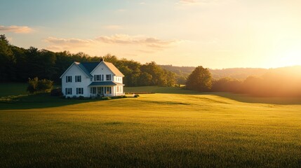 White farmhouse on grassy field at sunset.