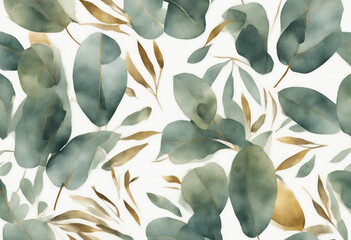 Bouquet made of green and golden watercolor eucalyptus leaves wedding illustration
