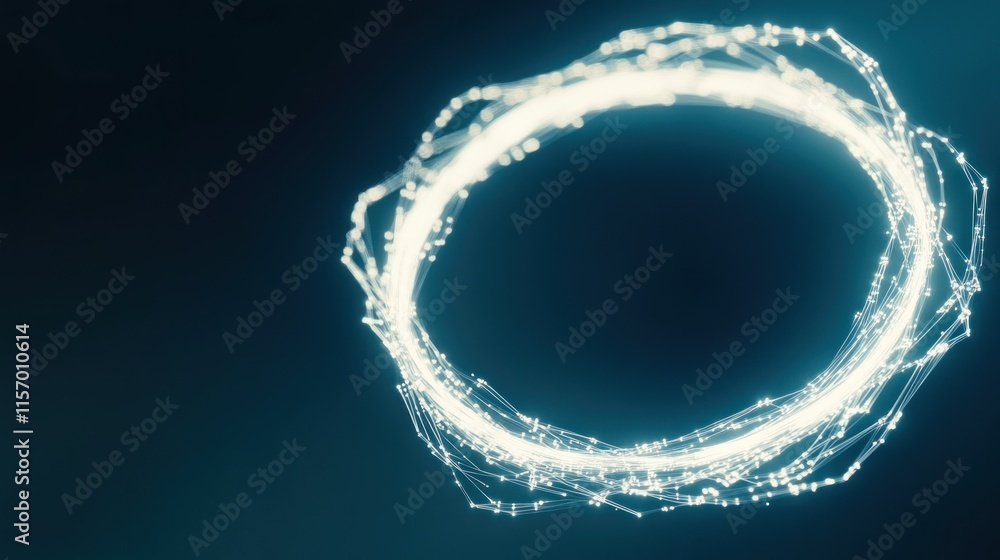 Poster glowing circular light trails on dark background.