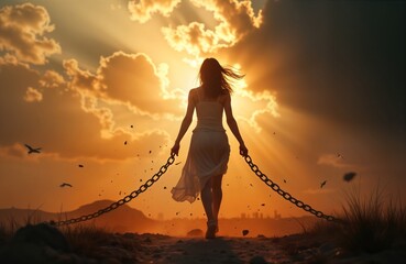 Woman walks away from broken chains under dramatic sunset. Freedom concept. Silhouette against vibrant sky. Liberation from restrictions. Hopeful, inspiring imagery. Person walks forward, freedom.