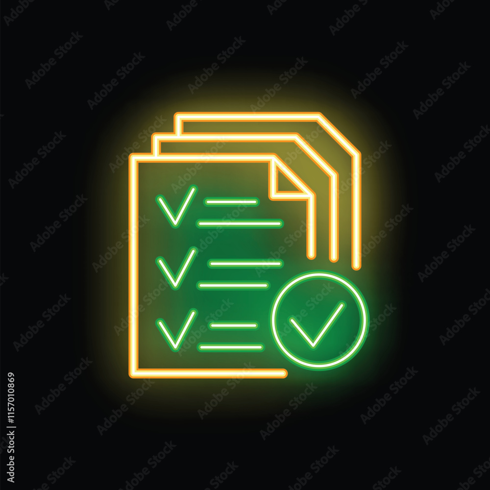 Poster glowing neon icon of documents with check marks, symbolizing completed tasks or a finished to do lis