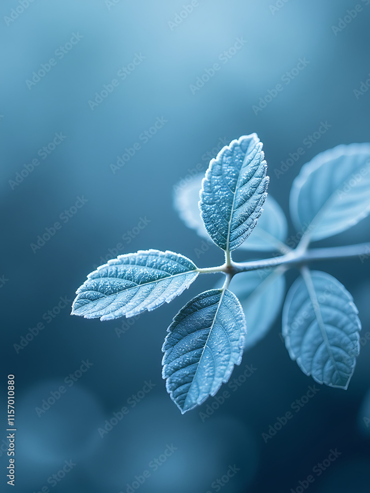 Poster Subtle Blue Tones Create A Soothing Atmosphere With Delicate Frosted Leaves As Background Texture. 00001