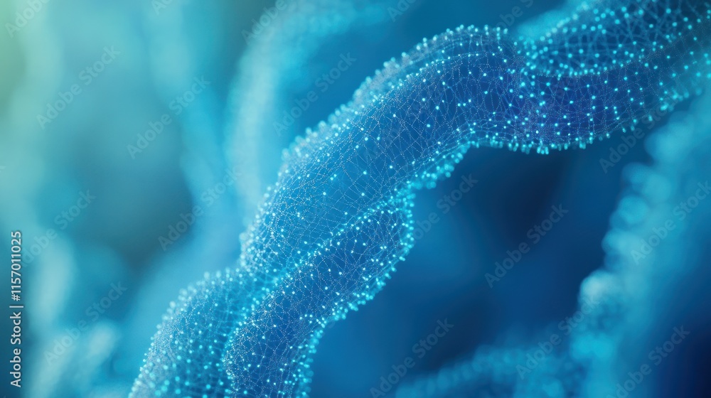 Fototapete Abstract blue network structure, detailed 3D rendering of interconnected nodes and lines, resembling DNA or neural pathways.