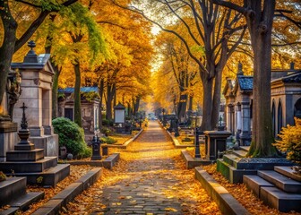 Fototapeta premium Parisian Cemetery Landscape: Montparnasse Tombstones & Autumnal Trees