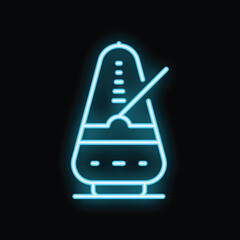 Blue glowing neon line metronome with pendulum in motion icon isolated on black background