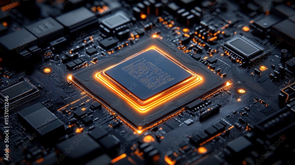Aufkleber close-up of a central processing unit (cpu) on a circuit board, glowing orange.
