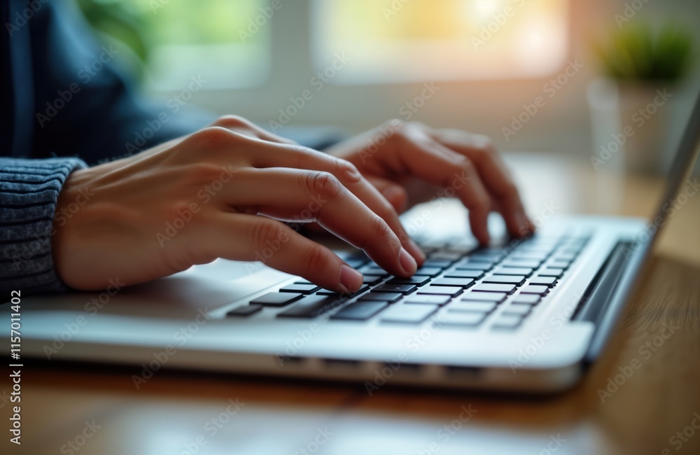 Aufkleber Close-up hands type on laptop keyboard. Person work on tech device. Focus on hands working on computer keyboard. Online learning remote work at home. Person use laptop for education, business,