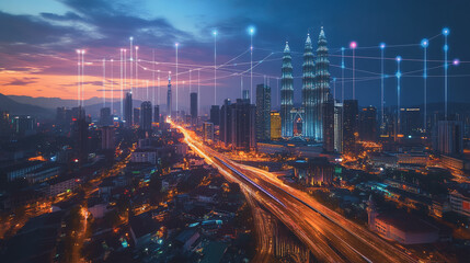 Fototapeta premium Smart digital Innovation city with connection network reciprocity over the cityscape. of future smart wireless digital city and social media networking systems that connects people with in city