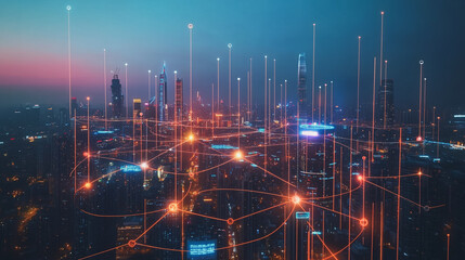 Naklejka premium Smart digital Innovation city with connection network reciprocity over the cityscape. of future smart wireless digital city and social media networking systems that connects people with in city