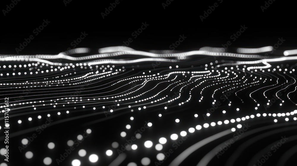 Aufkleber Abstract digital landscape with glowing points and lines forming wavy patterns on a black background.