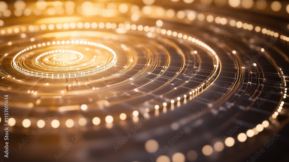 Aufkleber abstract golden circular light patterns, glowing rings and dots on dark background.