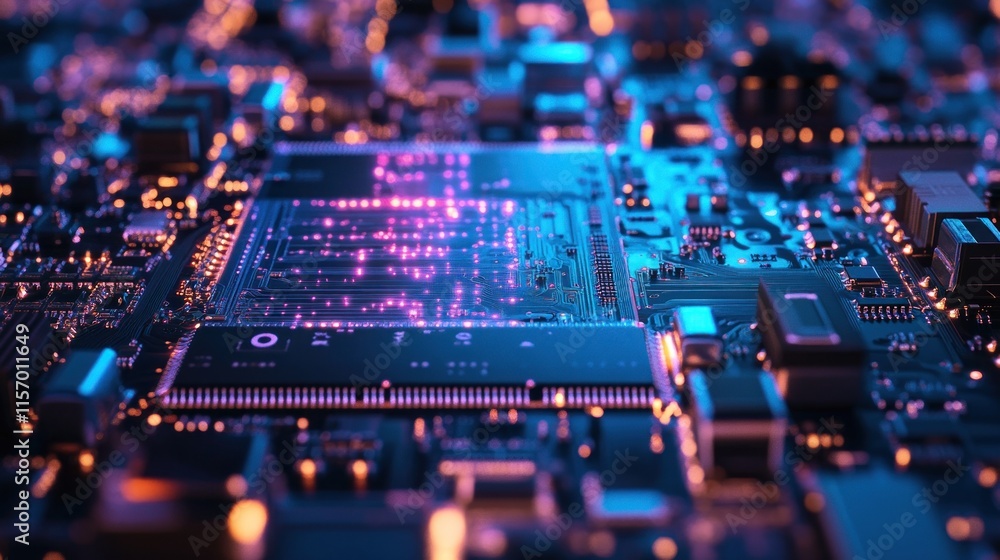 Poster close-up of illuminated circuit board with intricate details and glowing components.