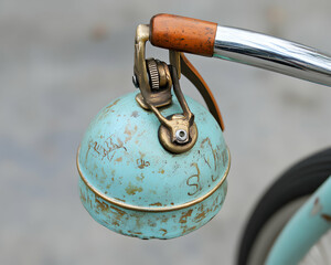Obraz premium Vintage bicycle bell close-up; teal patina, brass accents, aged metal, antique bicycle part, detailed texture.