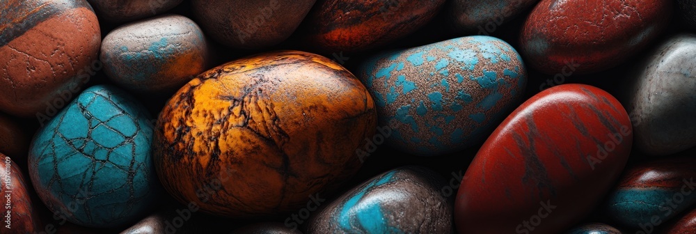 Poster Close-up of colorful, smooth, polished stones with varied textures and patterns.