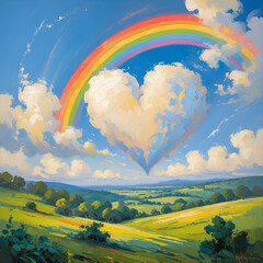 Heart-shaped cloud with rainbow over vibrant green landscape and blue sky
