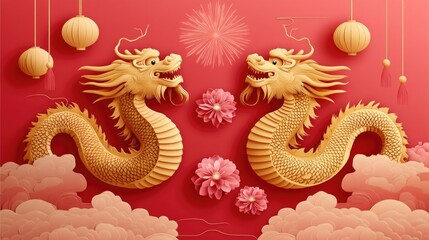 Obraz premium Traditional chinese new year dragons with lanterns and flowers on red background. Happy Chinese New Year