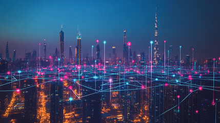 Fototapeta premium Smart digital Innovation city with connection network reciprocity over the cityscape. of future smart wireless digital city and social media networking systems that connects people with in city