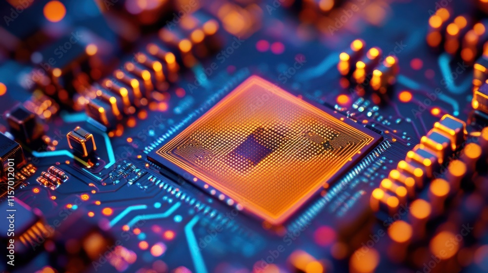 Poster close-up of a central processing unit (cpu) on a circuit board, glowing with orange and blue light. 