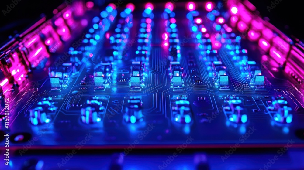 Aufkleber close-up of illuminated circuit board with vibrant pink and blue leds.