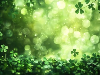 Fototapeta premium Lush Green Background Featuring Delicate Clovers with Soft Bokeh Lights, Perfect for Celebrating Nature and Freshness in a Vibrant and Inviting Atmosphere