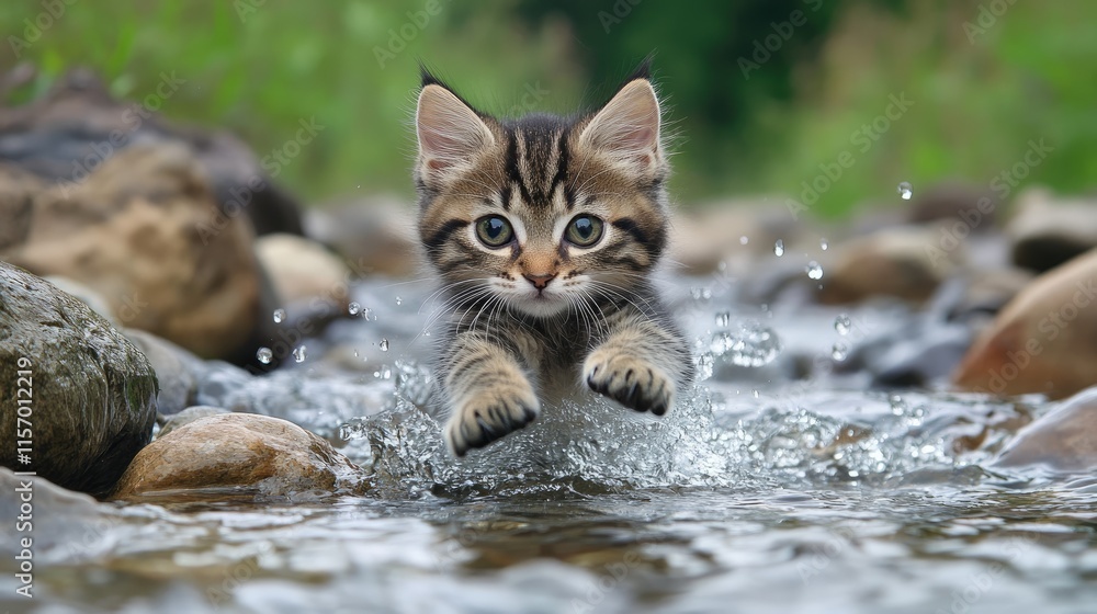 Poster a playful kitten splashes in the river, trying to catch fish among the smooth stones, creating a cha