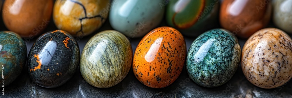 Poster collection of polished, multicolored eggshaped stones with various patterns and textures.