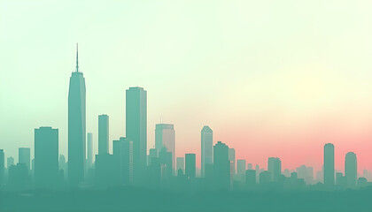 Obraz premium Fondo de skyline de una ciudad moderna en tonos verdes y rosas.