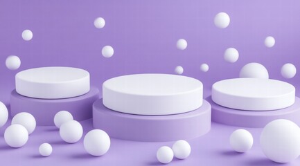 Three podiums with circular shapes on a purple background, in a minimalistic style.