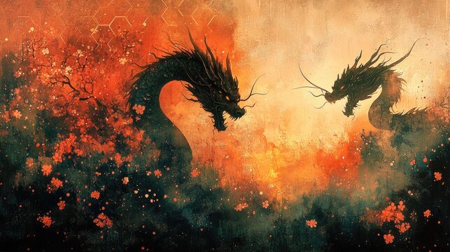 Fiery duel between two mythical dragons in a blossoming landscape. Happy Chinese New Year