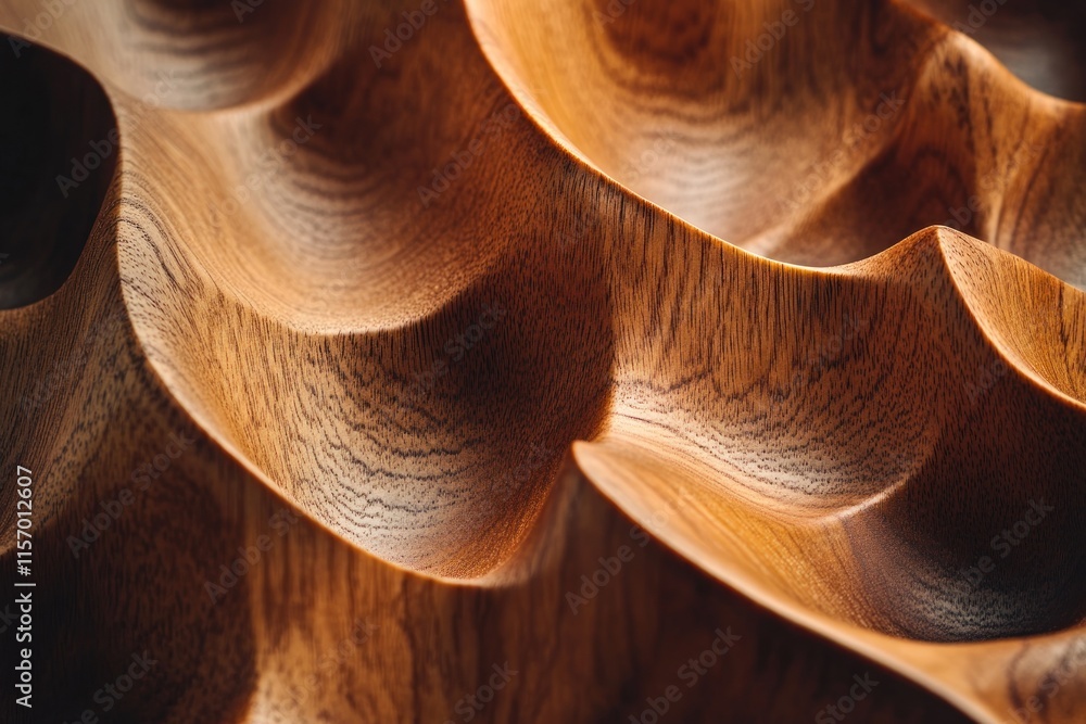 Leinwandbilder close-up of intricately carved wooden surface with undulating waves and rich grain patterns, showcas