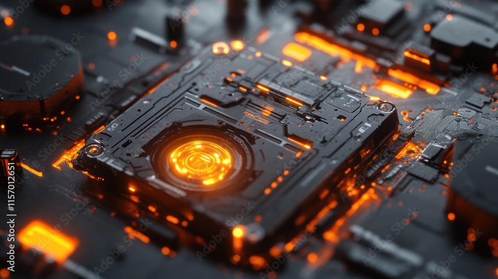 Poster close-up of a glowing orange circuit board with intricate details and technology components.