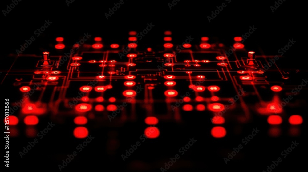 Poster close-up of illuminated red circuit board in darkness.