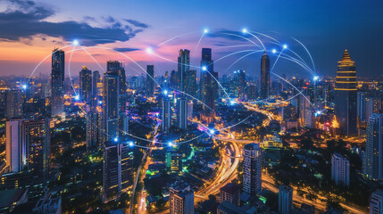 Fototapeta premium Smart digital Innovation city with connection network reciprocity over the cityscape. of future smart wireless digital city and social media networking systems that connects people with in city