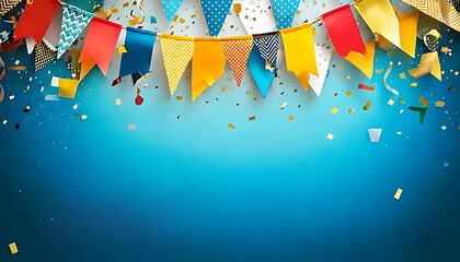 Festive banner with confetti and flags for various celebrations. Vector illustration with em