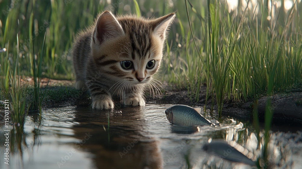 Poster a playful kitten splashes in the river, trying to catch fish among the smooth stones, creating a cha