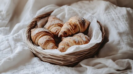 Delicious croissants in a basket cozy kitchen food photography warm atmosphere top view culinary delight