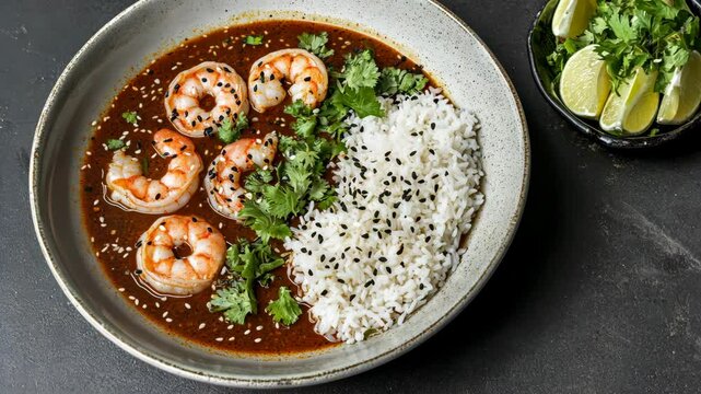 Delicious shrimp dish served with rice and garnished with herbs and lime on a dark surface