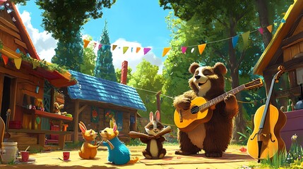 A lively cartoon scene featuring animals like a bear, rabbit, and raccoon playing musical instruments in a festive outdoor setting. 