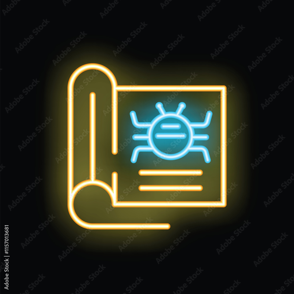 Poster glowing neon icon of a bug report, symbolizing software testing, quality assurance, and the identifi