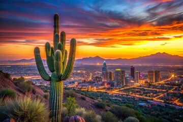 Phoenix Arizona Skyline at Sunset, Cactus Foreground, Documentary Photography Style