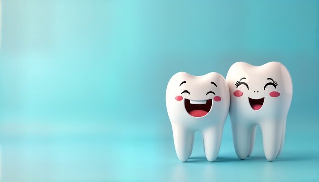 Two cute white cartoon teeth smile cheerfully on light-blue background. Designed with happy expressions, appear healthy, happy. Image perfect for dental health promotion, children-focused dental care