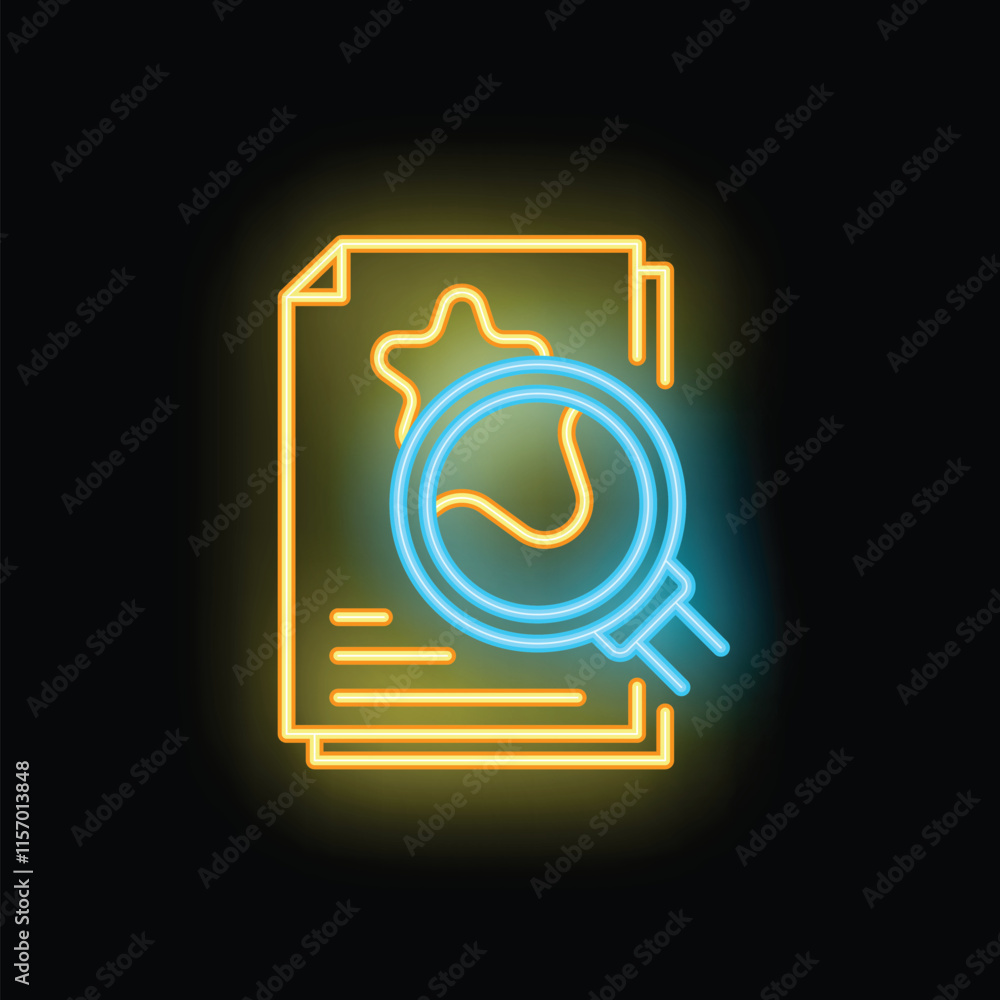 Poster neon magnifying glass is hovering over a document, symbolizing the concept of auditing and due dilig