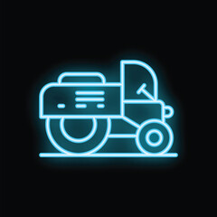 Bright blue neon icon of a road roller is glowing on a dark background