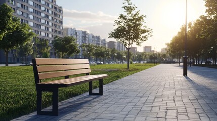 Calm park scene with a bench at sunset.