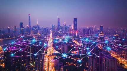 Fototapeta premium Smart digital Innovation city with connection network reciprocity over the cityscape. of future smart wireless digital city and social media networking systems that connects people with in city