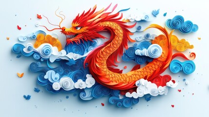 Obraz premium Vibrant red dragon amidst swirling blue and white clouds with colorful butterflies. Happy Chinese New Year