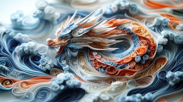 Colorful paper quilling dragon in swirling waves. Happy Chinese New Year